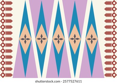 Rug native geometric pattern inspired by tribal and bohemian designs, featuring elongated diamond shapes with floral accents in a harmonious palette of teal, coral, beige, and brown. Ideal for textile