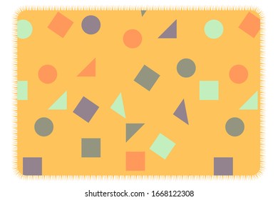 Rug with a pattern of geometric shapes in different colors. Cover for sports, yoga or fitness. Isolated on a white. Yellow picnic blanket.