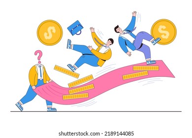 Rug pull crypto, scam coin, trading problem, investment risk in unstable and uncertainty stock market concepts. Unknown people pull carpet and make businesspeople who standing on money falling down.