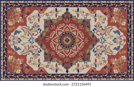 Alfombra de Vector con un centro geométrico escalonado en melocotón y naranja. Patrones florales simétricos y un borde clásico para la decoración de lujo para el hogar.