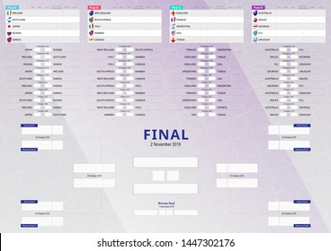 Rugby 2019 Match Schedule, all matches and country Flags. Vector illustration.