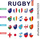 Rugby 2023, all pools and flag of rugby tournament. Vector flag set.