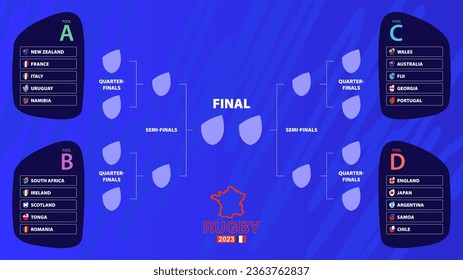 Rugby 203 playoff match schedule with national flags of international rugby tournament participants. Vector illustration.