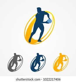 Rugby 7 logo. Sevens icon. Player with ball in game. American football ball. European league. Vector illustration