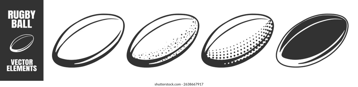 Rugby and American Football Ball Icon Set. Flat, Line Art, and Sticker Style Vector Illustrations. Isolated on Transparent Background