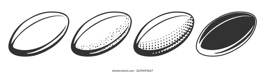 Rugby and American Football Ball Icon Set. Flat, Line Art, and Sticker Style Vector Illustrations. Isolated on Transparent Background