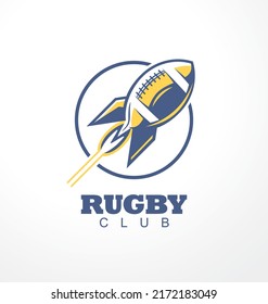 Rugby or American football club logo design idea with rocket ball. Vector sports symbol or icon illustration.