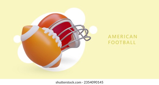 Rugby, American football. Color concept with goalkeeper accessories. Ergonomic protective helmet, ball. Banner on yellow background. Template for web design