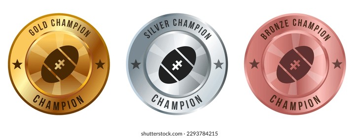 Rugby American football game sport medal championship winner gold silver bronze badges circle shape 