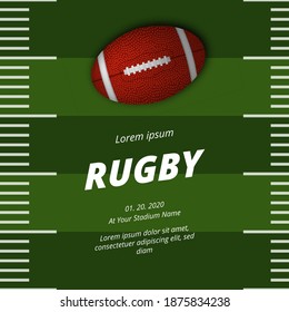 rugby or american football sport league competition poster announcement with realistic 3d oval ball top view on the green grass field yard