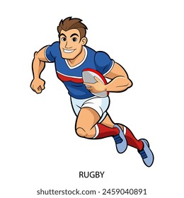 Rugby athlete isolated on white background in cartoon style. Summer Games 2024. Vector illustration.