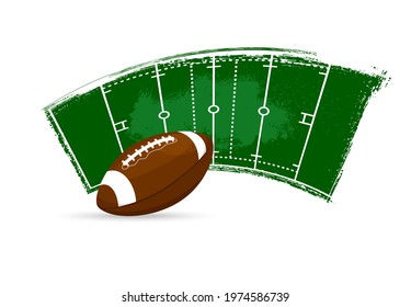 Rugby Ball, American Football Banner Or Sport Poster, Vector Field Green Paint Background. Rugby Or American Football And Soccer League Or Team Championship And Championship Cup Grunge Flag