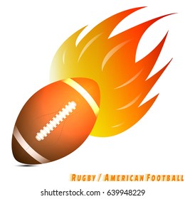 rugby ball or american football ball with red orange yellow tone of fire in the white background. Logo of rugby / american football club. vector. illustration.  graphic design.