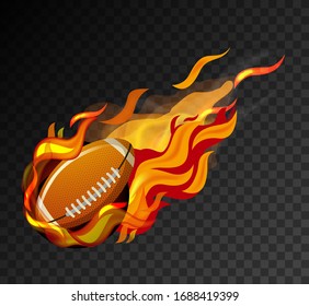 Rugby ball with big flame shooting on black background illustration