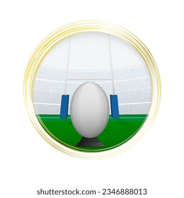 Rugby ball in center of goal posts, ready to be kicked. Golden rugby icon. Vector illustration.