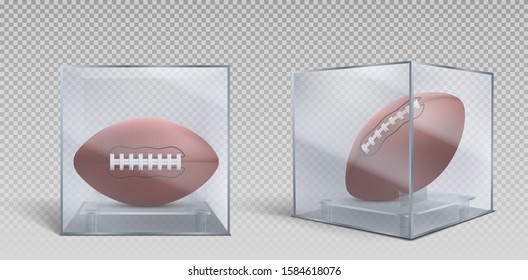 Rugby ball in clear glass or plastic box case front and side view. Vector realistic sport game award or trophy in american football tournament. Sport museum exhibit isolated on transparent background