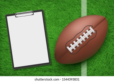Rugby ball and clipboard lying on stadium green grass top view. American football sports strategy and game plan for playing championship competition, coach blank note. Realistic 3d vector illustration