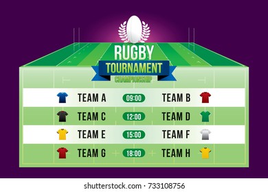 Rugby ball design on green field background with team players.