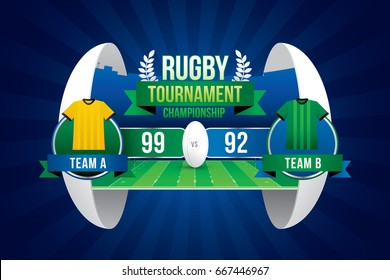 Rugby ball design with team players and scoreboard.