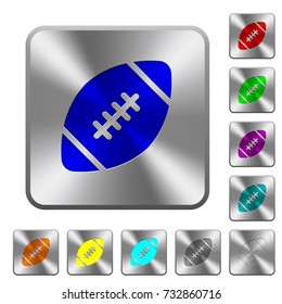 Rugby ball engraved icons on rounded square glossy steel buttons