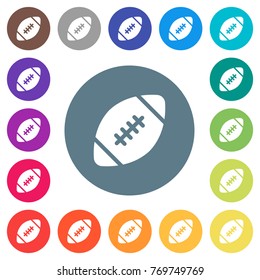 Rugby ball flat white icons on round color backgrounds. 17 background color variations are included.