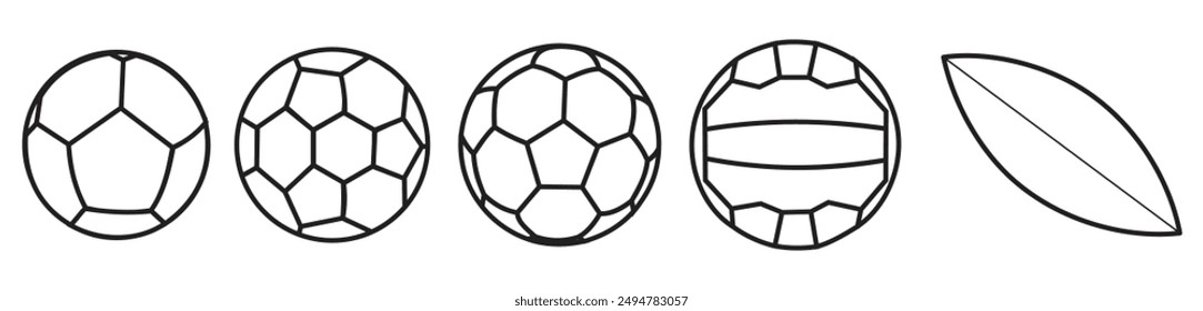 Rugby, fútbol, fútbol, fútbol, voleibol en diferentes iconos de estilo conjunto. Ilustración vectorial.