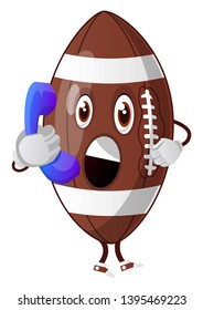 Rugby ball is holding telephone, illustration, vector on white background.