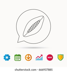 Rugby ball icon. American football sign. Calendar, Graph chart and Cogwheel signs. Download and Shield web icons. Vector