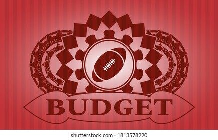 rugby ball icon and Budget text red color realistic emblem. Bars classic background. Artistic illustration. 