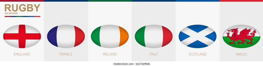 Rugby ball icon with flag of England, France, Ireland, Italy, Scotland and Wales. Vector rugby ball.