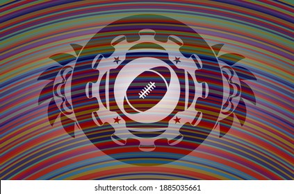 rugby ball icon inside colorful realistic badge. Showy luxurious background. Intense illustration. 