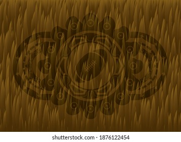 rugby ball icon inside Fur badge. Pet fancy background. Artistic illustration. 