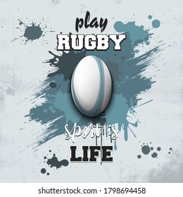 Rugby ball icon. Play rugby. Sport is life. Pattern for design poster, logo, emblem, label, banner, icon. Rugby template on isolated background. Grunge style. Vector illustration