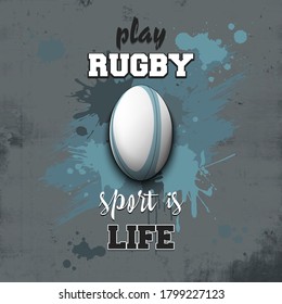 Rugby ball icon. Play rugby. Sport is life. Pattern for design poster, logo, emblem, label, banner, icon. Rugby template on isolated background. Grunge style. Vector illustration