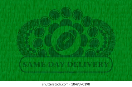 rugby ball icon and Same day delivery text grass realistic emblem. Eco luxurious background. Intense illustration. 