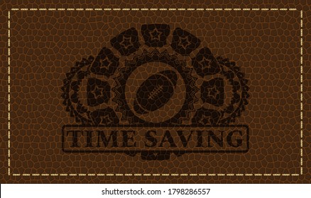 rugby ball icon and Time Saving text brown leather realistic emblem. Wallet classic background. Illustration. 