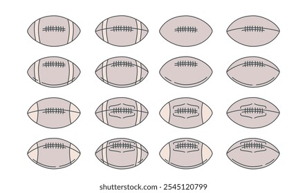 Conjunto de iconos de pelota de rugby. Fútbol americano y balón de fútbol. Equipamiento para un estilo de vida activo y deportes de equipo. Ocio y Ocio. Colección de Vector lineal aislada sobre fondo blanco