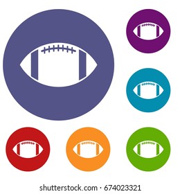 Rugby ball icons set in flat circle reb, blue and green color for web