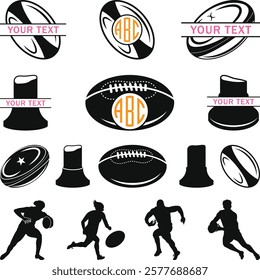 Rugby ball Icons Vector illustration Silhouette, Rugby player posing full body silhouette illustration black and white