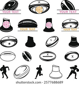 Rugby ball Icons Vector illustration Silhouette, Rugby player posing full body silhouette illustration black and white