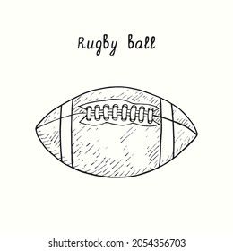 Rugby ball. Ink black and white doodle drawing in woodcut style.