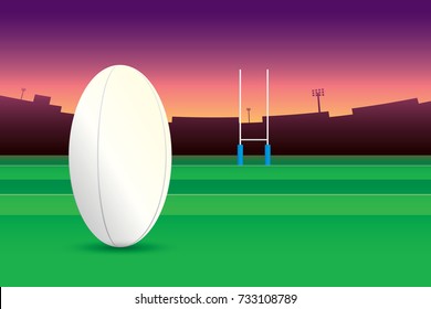 Rugby ball isolated on green field and stadium on purple sky background.