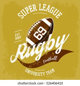 Rugby ball logo for t-shirt branding design. Super league banner or sportswear gear, shirt clothing or uniform cloth. Athletic sport equipment, team logotype, oval ball graphic or clothing branding