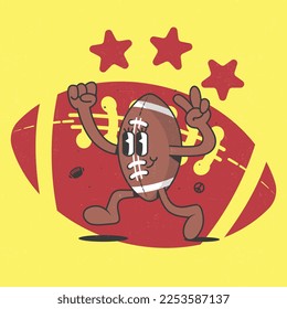 rugby ball mascot character in trendy retro cartoon style. Vector illustration