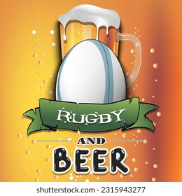 Rugby ball with mug of beer. Pattern for banner, poster, greeting card, party invitation, signboard, menu pub. Vector illustration
