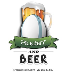 Rugby ball with mug of beer. Pattern for banner, poster, greeting card, party invitation, signboard, menu pub. Vector illustration