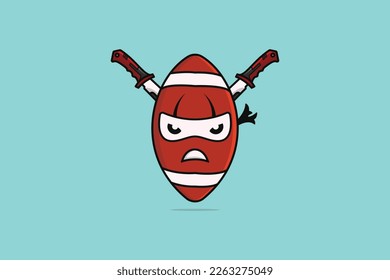  Rugby Ball Ninja with Swords vector illustration. Sports object icon concept. Ninja mascot with American football vector design. Creative ninja rugby ball logo icon.