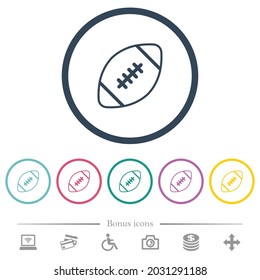 Rugby ball outline flat color icons in round outlines. 6 bonus icons included.