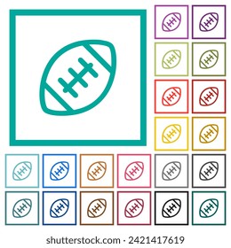 Rugby ball outline flat color icons with quadrant frames on white background