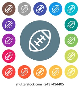 Rugby ball outline flat white icons on round color backgrounds. 17 background color variations are included.